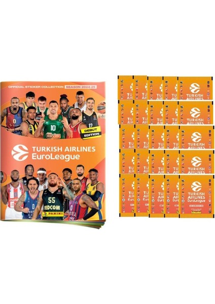Official 2024-25 Turkish Airlines Euroleague Sticker Albümü Başlangıç Paketi + 25 Paket (125 Çıkartma) Seti