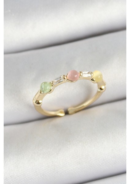 Pirinç Sıralı Boncuk Figürlü Zirkon Taşlı Gold Renk Ayarlanabilir Kadın Yüzük