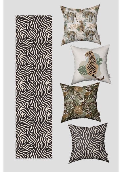 Kahverengi Bej Tropikal Zebra Desenli 4'lü Kırlent Kılıfı ve Runner Seti