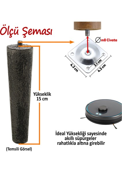 Ahşap Ayak 15 cm 8'li Set Koyu Meşe M8 Civatalı Bağlantı Aparatlı Dolap Mobilya Koltuk Kanepe Destek Ayağı Ayakları modelleri