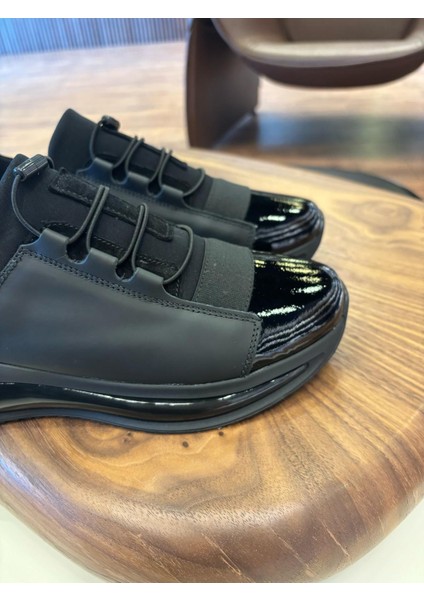 1056 Siyah Rugan Detaylı Hakiki Deri Erkek Sneakers - Erkek Spor Ayakkabı modelleri