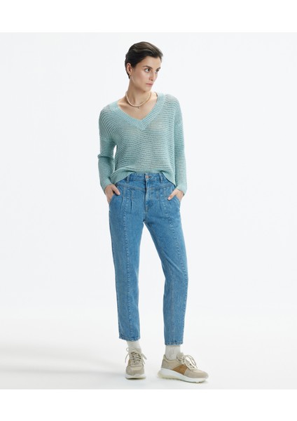 Önü Kırma Detaylı Denim Pantolon