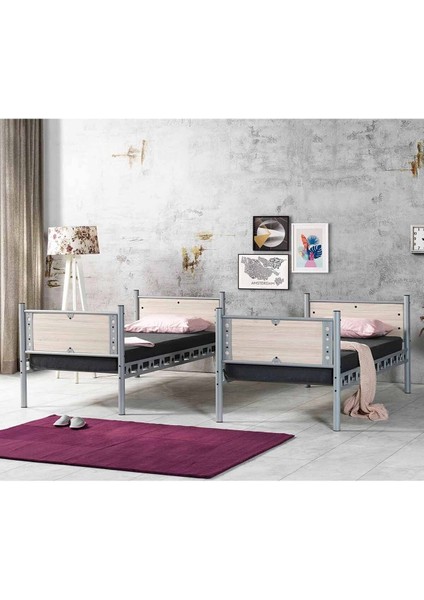 Elegan Genç Çocuk Odası Ahşap Başlıklı Metal Ranza ve Karyola 90X200