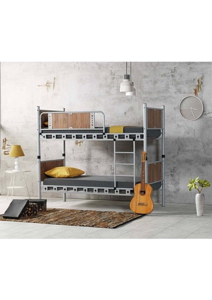Elegan Genç Çocuk Odası Ahşap Başlıklı Metal Ranza ve Karyola 90X190