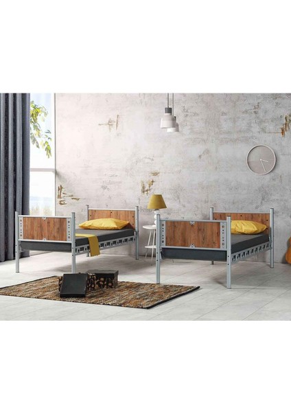 Elegan Genç Çocuk Odası Ahşap Başlıklı Metal Ranza ve Karyola 90X190