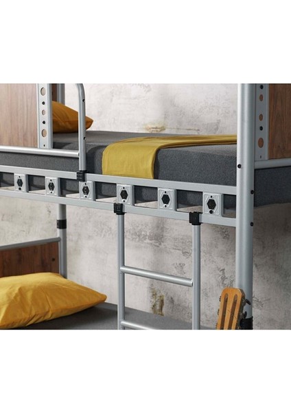 Elegan Genç Çocuk Odası Ahşap Başlıklı Metal Ranza ve Karyola 90X190