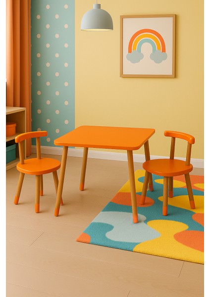Ahşap Montessori Çoçuk Oyun Etkinlik Çalışma Masası ve Aktivite Masası 2 Sandalye 1 Masa