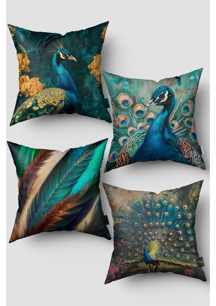 Turkuaz Zümrüt Yeşili Egzotik Tavus Kuşu Desenli 4'lü Kırlent Kılıfı Seti