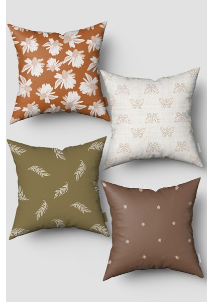 Kahverengi Krem Kelebek Yaprak Desenli 4'lü Kırlent Kılıfı Seti