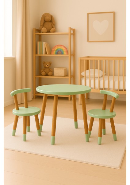 Ahşap Montessori Çocuk Oyun Etkinlik Çalışma Masası ve Aktivite Masası 2 Sandalye 1 Masa