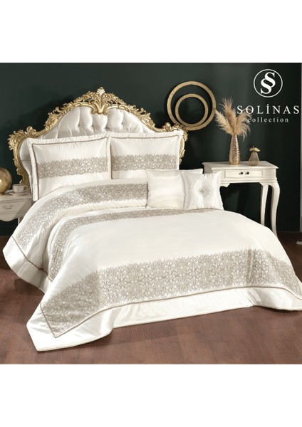 Eleganza Saten Nakışlı Krem - Vizon Çift Kişilik Çeyizlik Yatak Örtüsü