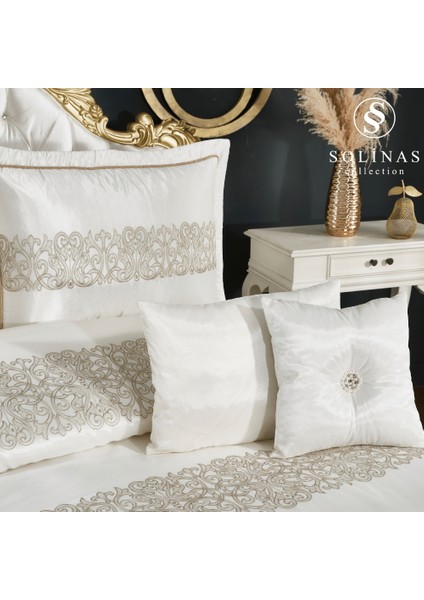 Eleganza Saten Nakışlı Krem - Vizon Çift Kişilik Çeyizlik Yatak Örtüsü