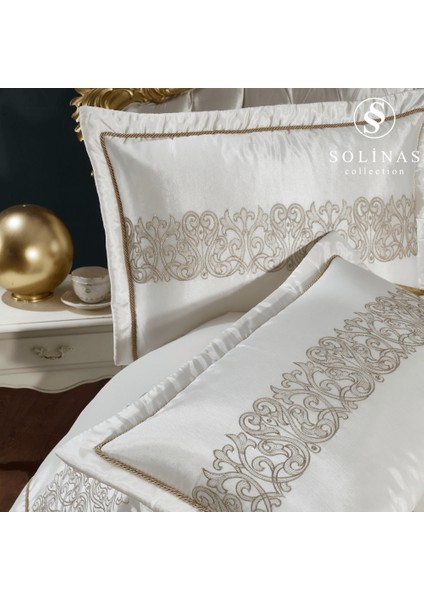 Eleganza Saten Nakışlı Krem - Vizon Çift Kişilik Çeyizlik Yatak Örtüsü