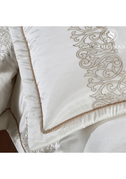 Eleganza Saten Nakışlı Krem - Vizon Çift Kişilik Çeyizlik Yatak Örtüsü