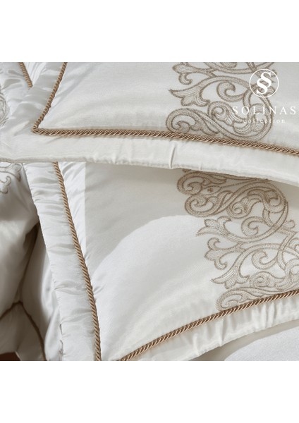 Eleganza Saten Nakışlı Krem - Vizon Çift Kişilik Çeyizlik Yatak Örtüsü