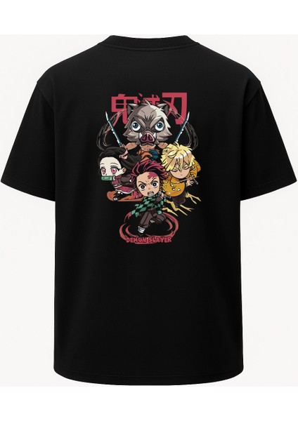 Oversize Demon Slayer Tanjiro Nezuko Inosuke Zenitsu Baskılı Unisex Tişört Siyah