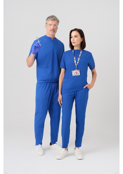 Saks Mavisi Star Best Likra Takım Çift Yönlü Likralı Kumaş Ribana Detaylı Scrubs Alt Üst Takım