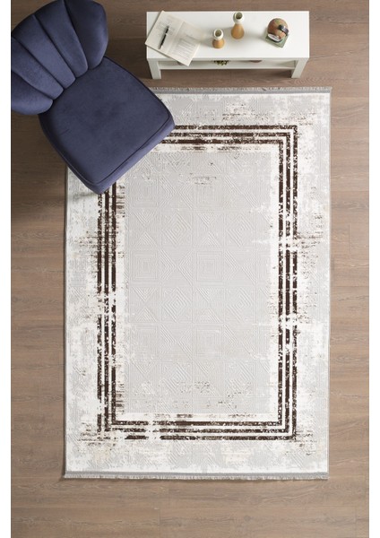 Saçaklı Salon Oturma Odası Halısı Yumuşak Polyester Pamuk Taban Modern ve Klasik Desenli Halı Kahve