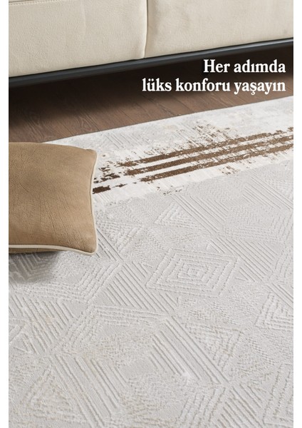 Saçaklı Salon Oturma Odası Halısı Yumuşak Polyester Pamuk Taban Modern ve Klasik Desenli Halı Kahve