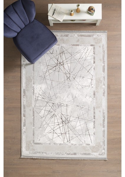 Saçaklı Salon Oturma Odası Halısı Yumuşak Polyester Pamuk Taban Modern ve Klasik Desenli Halı Bej