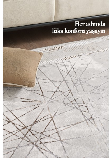 Saçaklı Salon Oturma Odası Halısı Yumuşak Polyester Pamuk Taban Modern ve Klasik Desenli Halı Bej