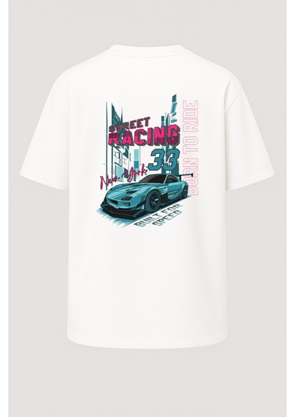 Oversize Born To Ride New York 33 Spor Araba Baskılı Unisex Tişört