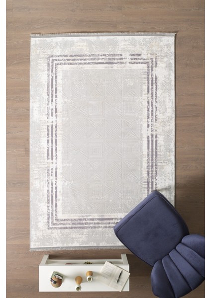 Saçaklı Salon Oturma Odası Halısı Yumuşak Polyester Pamuk Taban Modern ve Klasik Desenli Halı Mavi