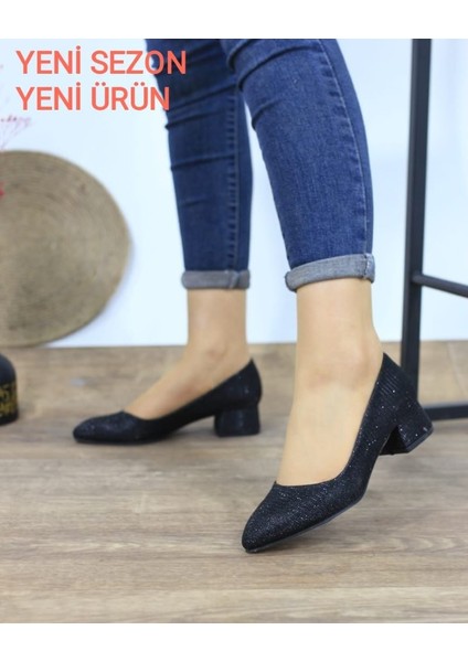 Kadın Ayakkabı Simli Sitiletto Kısa Topuklu Klasik Günlük Ayakkabı 3 cm