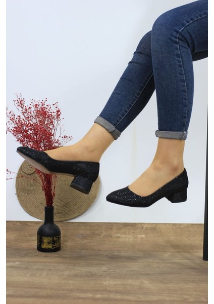 Kadın Ayakkabı Simli Sitiletto Kısa Topuklu Klasik Günlük Ayakkabı 3 cm fırsatları