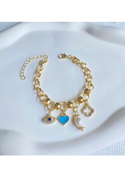 Kadın Bileklik Geçme Zincir Inci Yonca Mavi Kalp Göz Detay Bileklik