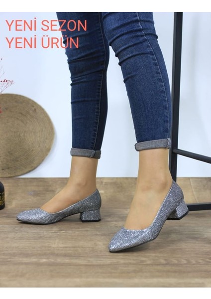 Kadın Ayakkabı Simli Sitiletto Kısa Topuklu Klasik Günlük Ayakkabı 3 cm