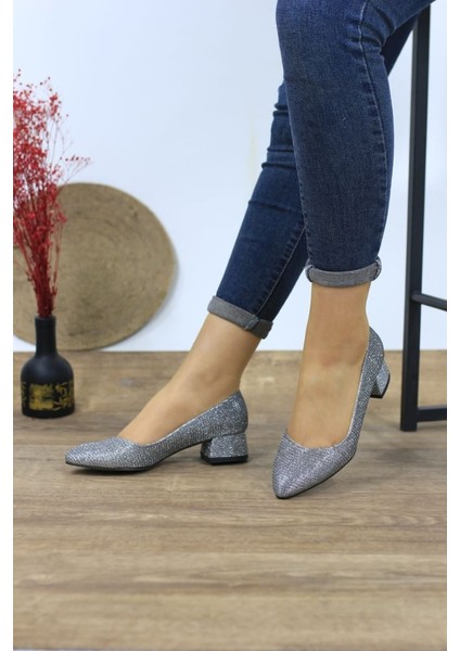 Kadın Ayakkabı Simli Sitiletto Kısa Topuklu Klasik Günlük Ayakkabı 3 cm modelleri