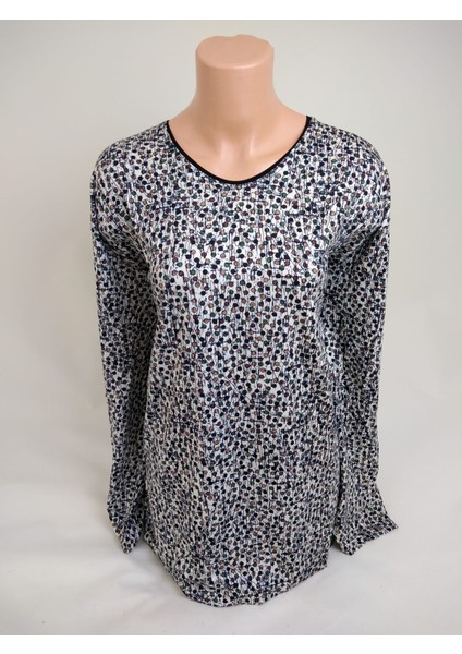 Kadın Beyaz Kahverengi Yeşil U Yaka Uzun Kollu Desenli Yırtmaçlı Dokuma Viskon Anne Penye Tişört modelleri