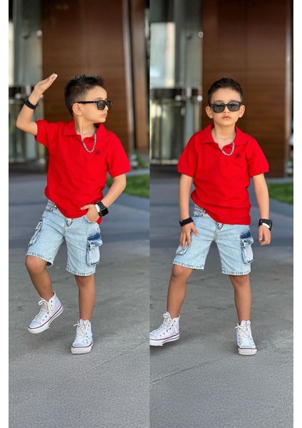 Kot Şortlu Lacost Yakalı Erkek çocuk takım - Kırmızı