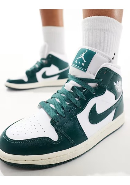 Air Jordan 1 Mid Leather Sneaker Hakiki Deri Bilekli Günlük Spor Ayakkabı Beyaz Yeşil