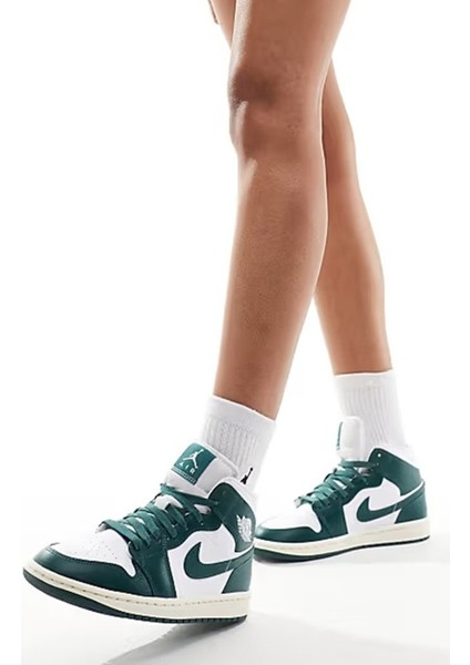 Air Jordan 1 Mid Leather Sneaker Hakiki Deri Bilekli Günlük Spor Ayakkabı Beyaz Yeşil fiyatları