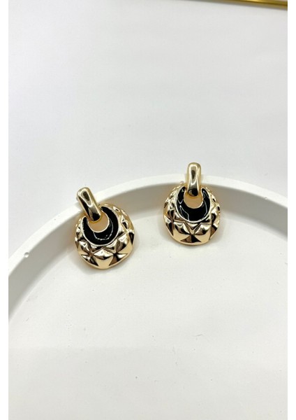 Kadın Küpe 3 cm Geometrik Desen Siyah Mineli Hilal Model Küpe fiyatları