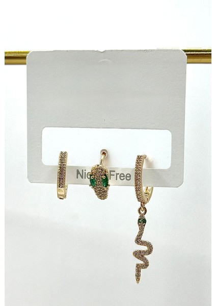 Kadın Küpe Ithal Özel Seri 3'lü Sallantı Halka Full Zirkon Taş Yılan Model Kararmaz Küpe