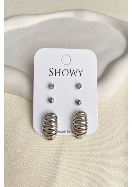 Kadın Küpe 6'lı Tırtıl Model Düz Taş Detay Küpe