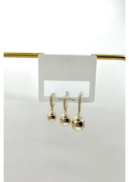 Kadın Küpe Ithal Özel Seri 3'lü Zirkon Taş Halka Sallantı Topçuk Model Kararmaz Küpe