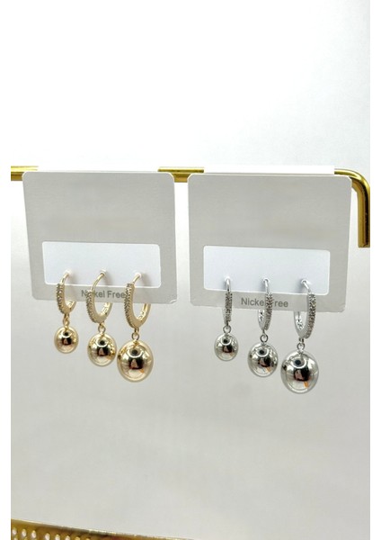 Kadın Küpe Ithal Özel Seri 3'lü Zirkon Taş Halka Sallantı Topçuk Model Kararmaz Küpe fırsatları