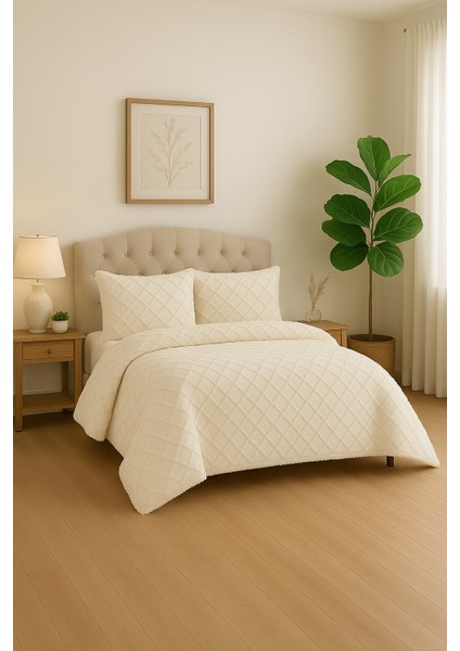 Baklava Model 3 Parça Krem Rengi 1 Yatak Örtüsü (240x250 cm) + 2 yastık kılıfı (50x70) cm