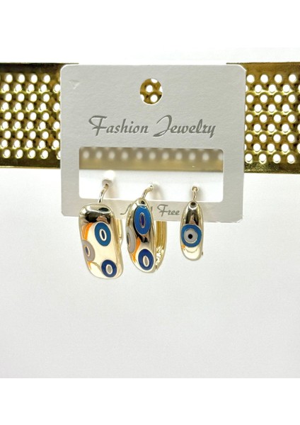 Kadın Küpe Özel Seri 3'lü Sıralı Boy Elips Mineli Nazar Boncuk Motif Kararmaz Küpe