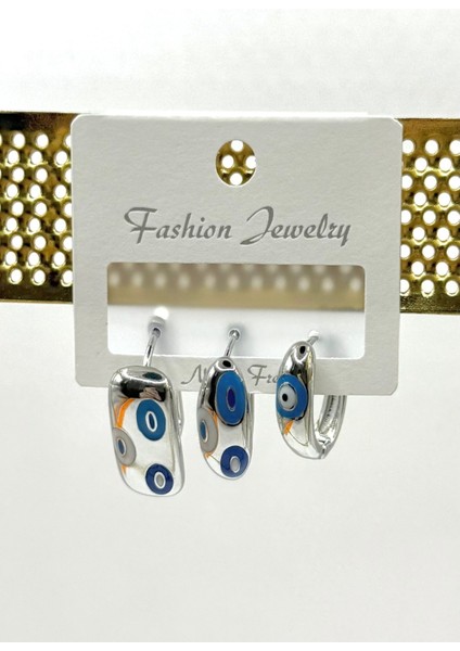 Kadın Küpe Özel Seri 3'lü Sıralı Boy Elips Mineli Nazar Boncuk Motif Kararmaz Küpe fiyatları