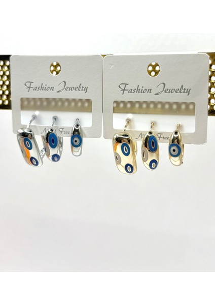 Kadın Küpe Özel Seri 3'lü Sıralı Boy Elips Mineli Nazar Boncuk Motif Kararmaz Küpe fırsatları