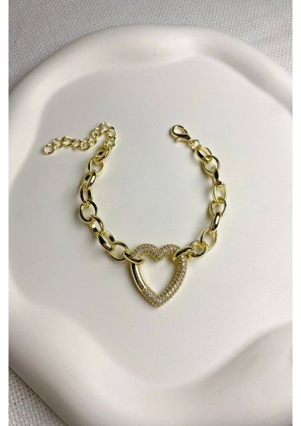 Kadın Bileklik Elips Geçme Zincir Zirkon Taşlı Kalp Bileklik