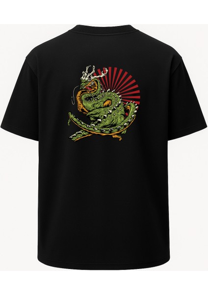 Oversize Japon Yeşil Ejderha Baskılı Unisex Tişört