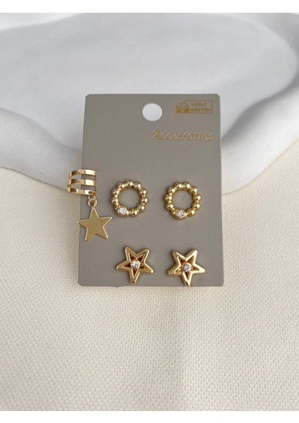 Kadın Küpe Yuvarlak Taş Detay Yıldız Model Küpe