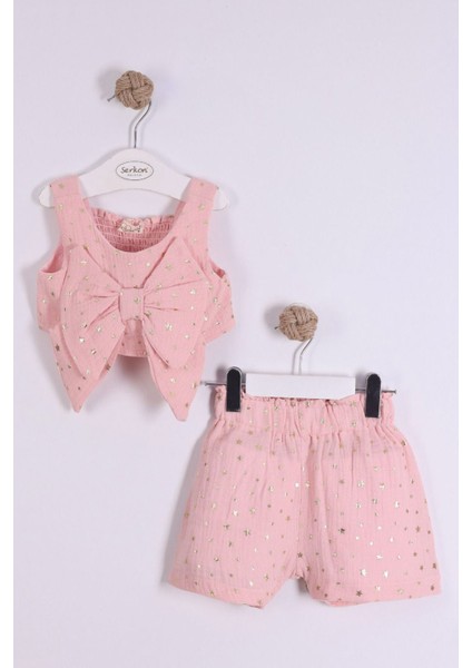 Müslin Yıldız Yaldız Baskılı Kız Çocuk 2 Li fiyonklu takım - Pembe