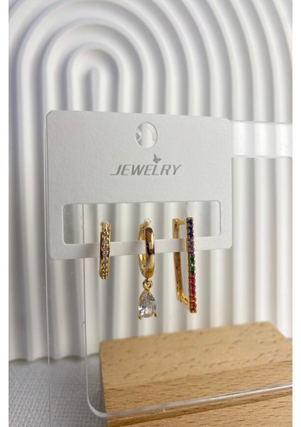 Kadın Özel Tasarım 3'lü Renkli Taşlı Dikdörtgen Halka Damla Taş Küpe